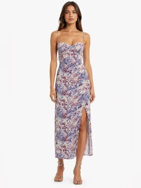 Reformation Floral Corset Maxi Dress Size 8 Purple Side Slit Smocked Back